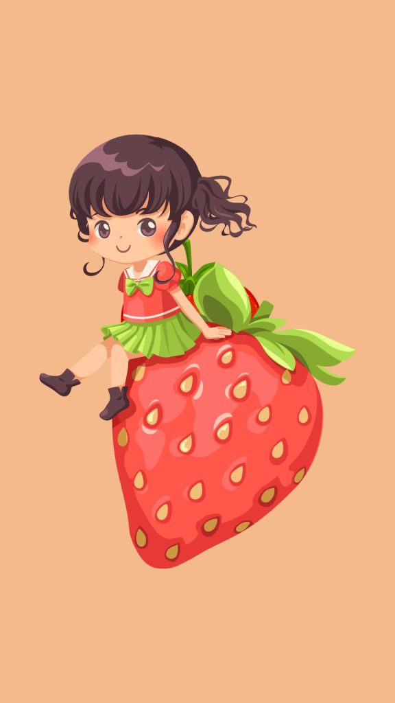 Cute little strawberry shortcake sitting on strawberry with skin background strawberry shortcake cartoon wallpaper