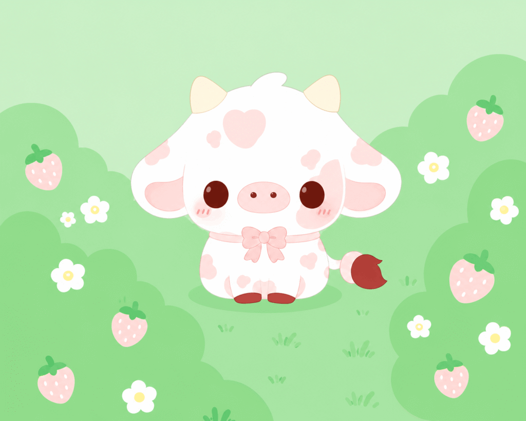 Cute pastel cow in a berry garden