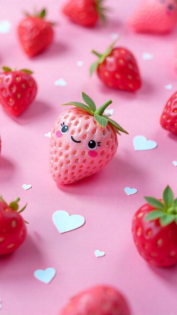 Cute pink kawii strawberry with red strawberries and hearts on pink background Kawaii Strawberry Wallpaper