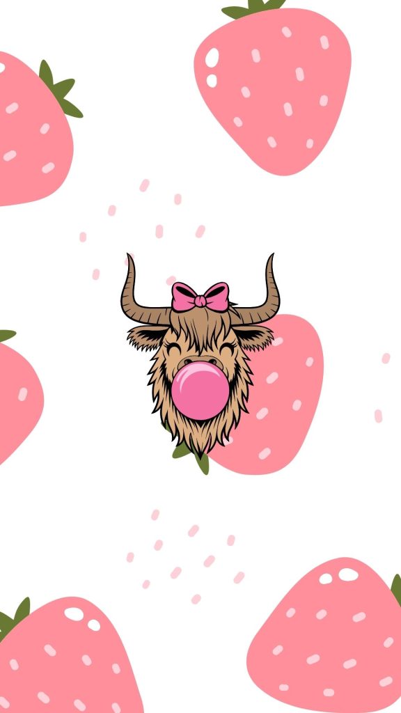 Cute pink strawberries with cute cow on white background Cute strawberry cow wallpapers