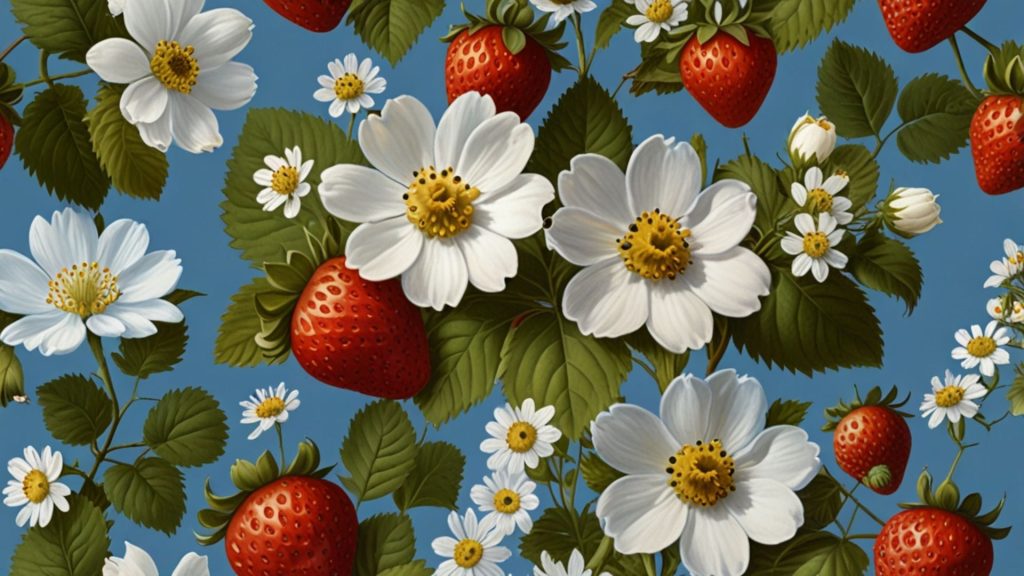 Cute red strawberries with leaves and white flowers on sky background Strawberry desktop wallpapers