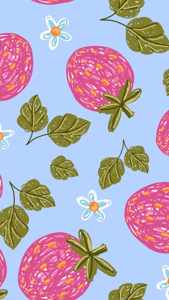 Cute vintage purple strawberries with flowers and leaves on sky blue background aesthetic strawberry wallpaper