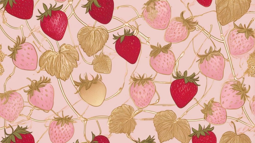 Dark red and pink strawberries with golden leaves strawberry desktop wallpaper