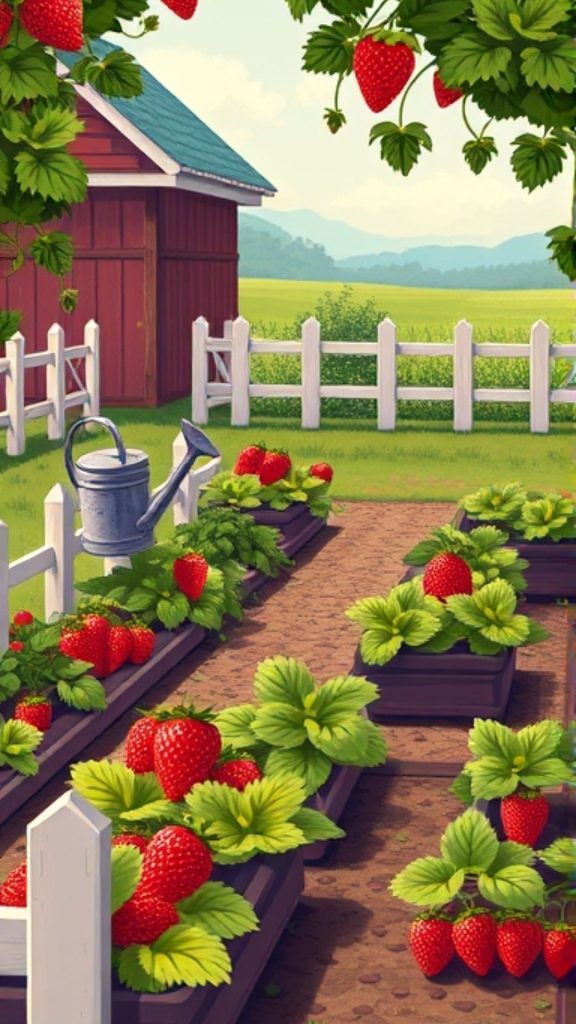 Demure view of strawberry farm_strawberry field wallpaper