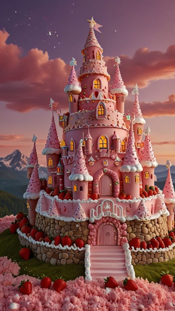 Dreamy strawberry castle with pastel theme strawberry shortcake cartoon wallpaper