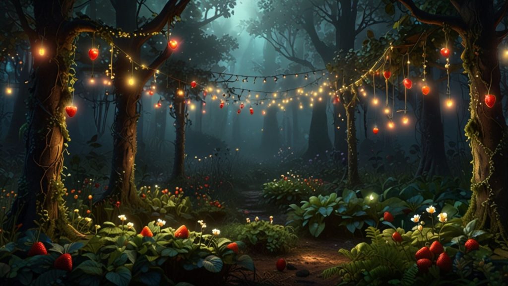 Forest decorated with strawberry glowing lights and flowers Strawberry desktop wallpapers