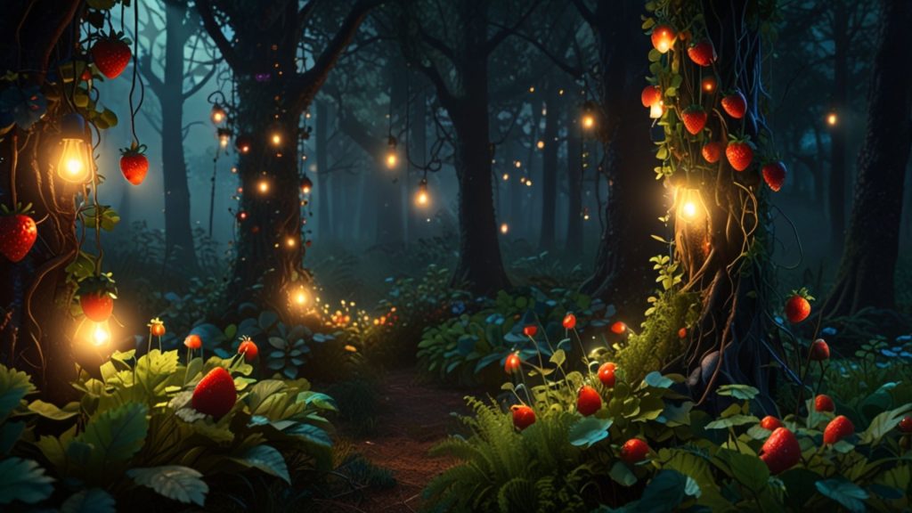 Forest with glowing strawberries giving fairy tale vibe Strawberry desktop wallpapers