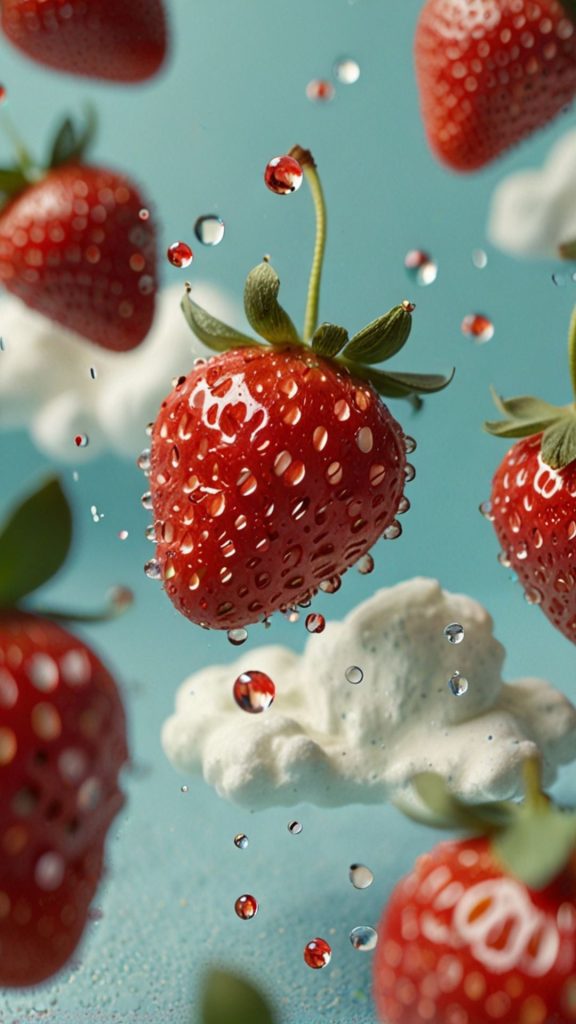 Fresh strawberry with cream cloud and water droplets Kawaii Strawberry Wallpaper