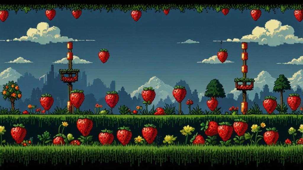 Game themed strawberry wallpaper with strawberries and clouds and grass Strawberry desktop wallpapers