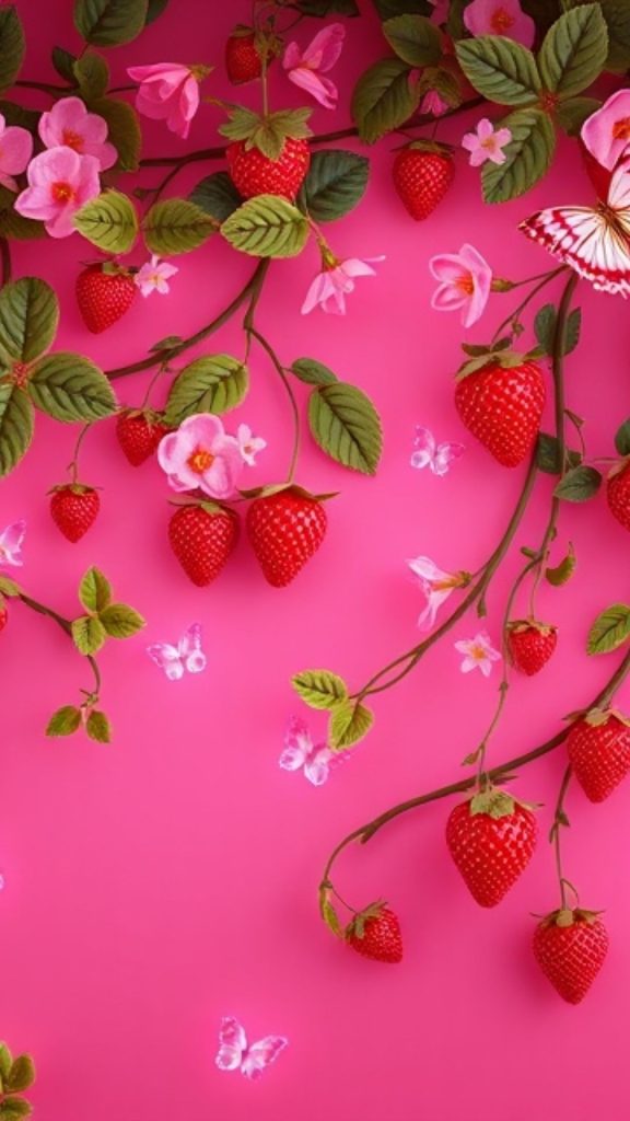 Green leaves strawberries pink strawberry wallpaper
