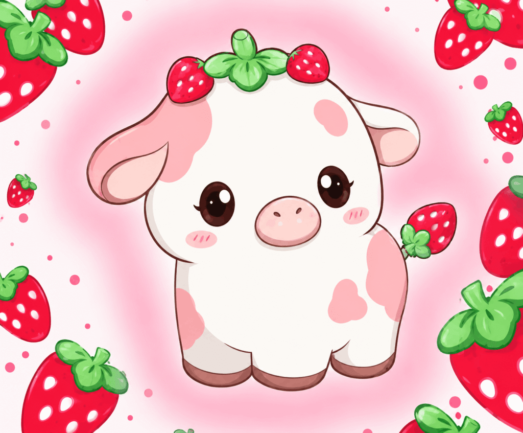 Kawaii baby animal with strawberries