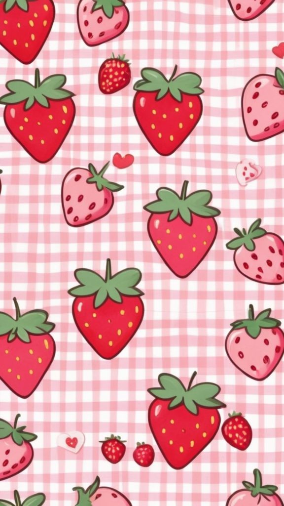 Kawaii check background with strawberries Kawaii Strawberry Wallpaper