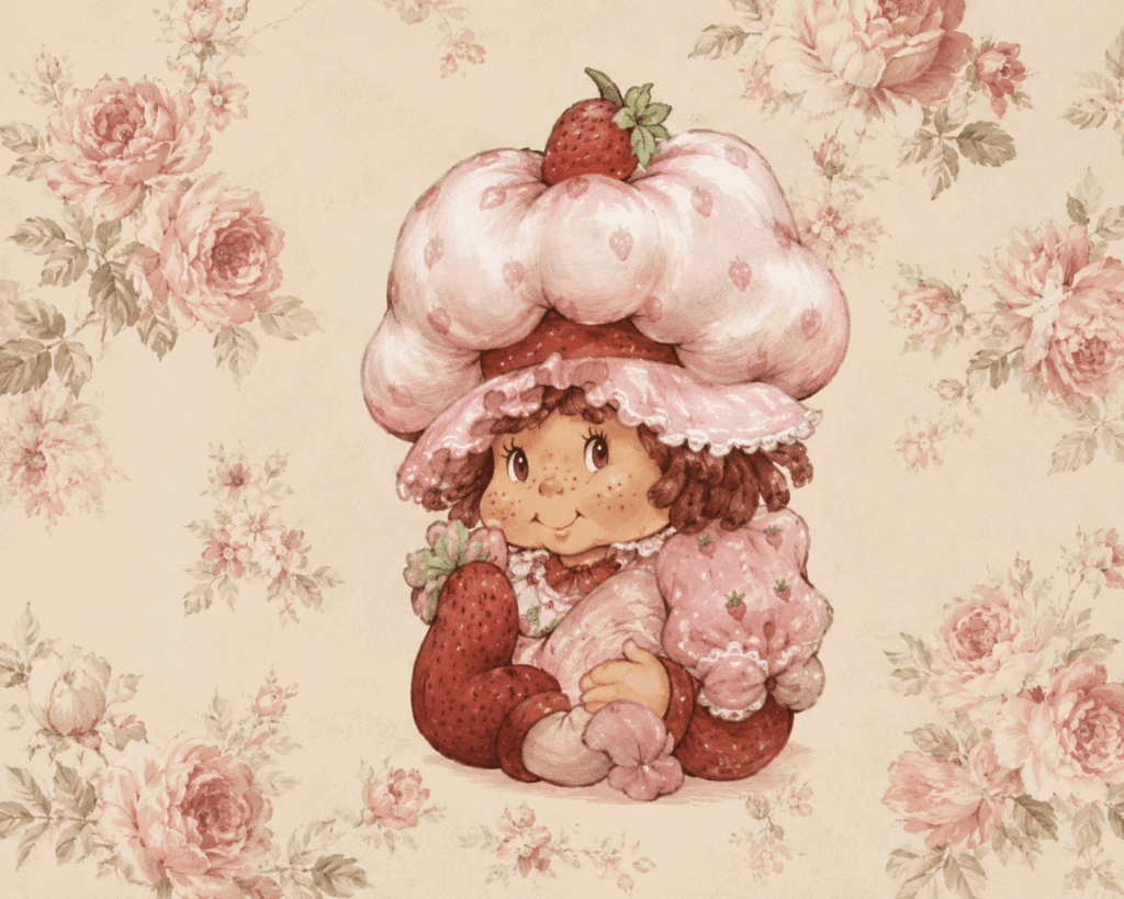 Kawaii girl with strawberry in pastel garden