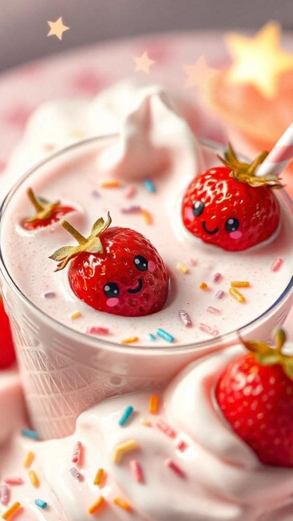 Kawaii milkshake strawberry glass with cute strawberries and candy theme Kawaii Strawberry Wallpaper