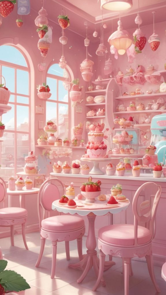 Kawaii pink strawberry cafe with strawberry decoration Kawaii Strawberry Wallpaper