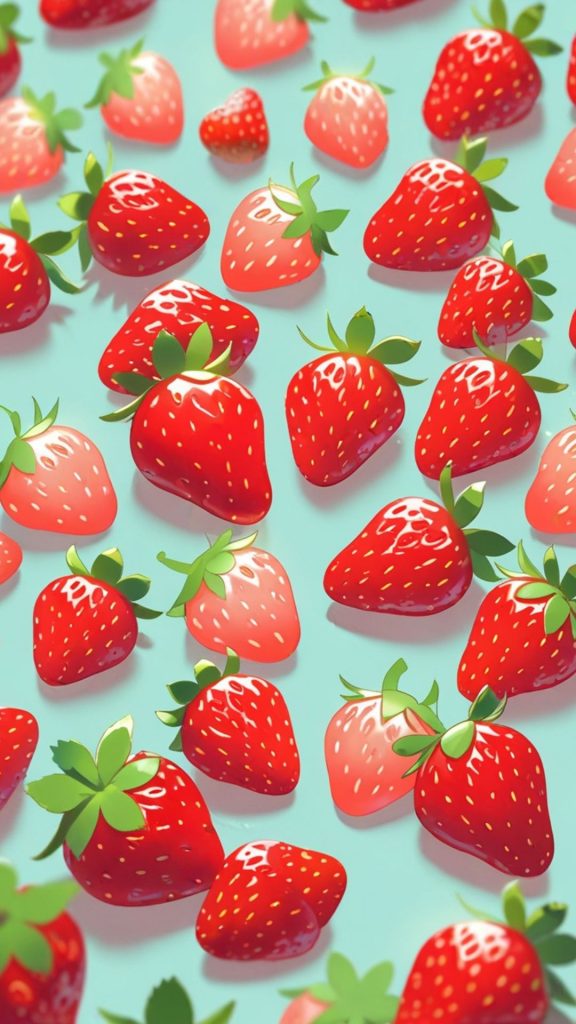 Kawaii red strawberries with sky background Kawaii Strawberry Wallpaper