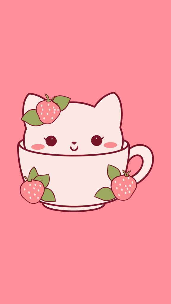 Kawaii strawberry cat cup with teal pink background Kawii Strawberry Wallpaper