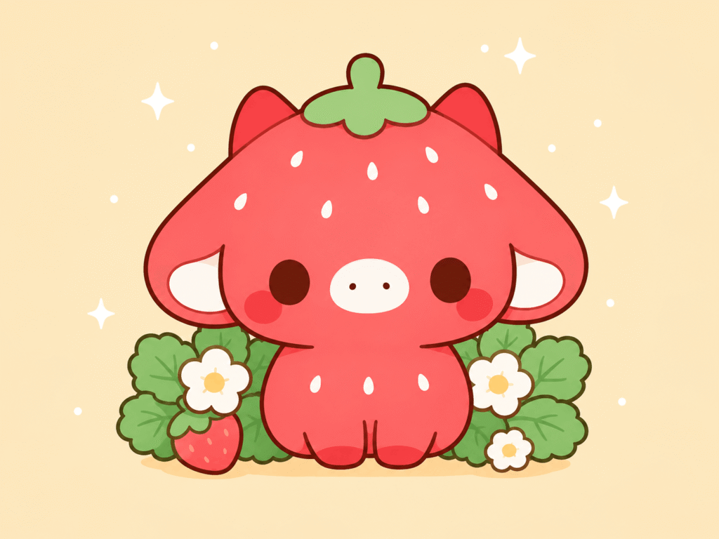 Kawaii strawberry creature in a pastel garden