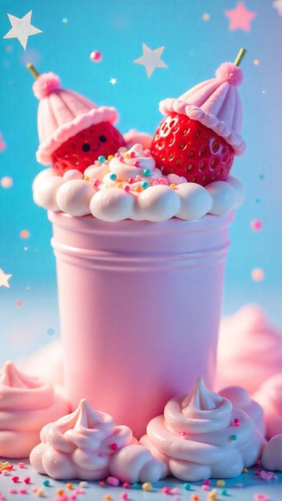 Kawaii strawberry milkshake glass with strawberries and sky background Kawaii Strawberry Wallpaper