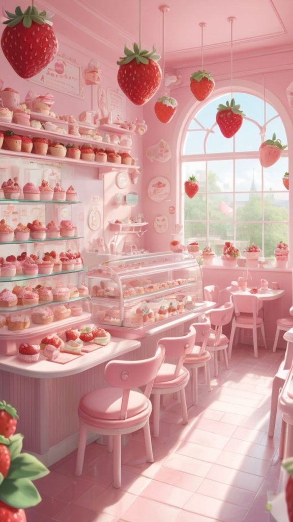 Kawaii strawberry pink cafe with cafe items Kawaii Strawberry Wallpaper