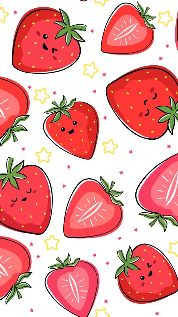Kawii red strawberries with white background and stars Kawii Strawberry Wallpaper
