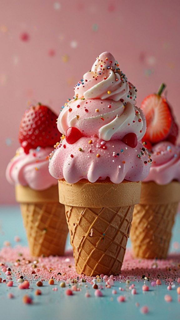 Kawii strawberry ice cream cone with strawberries Kawaii Strawberry Wallpaper