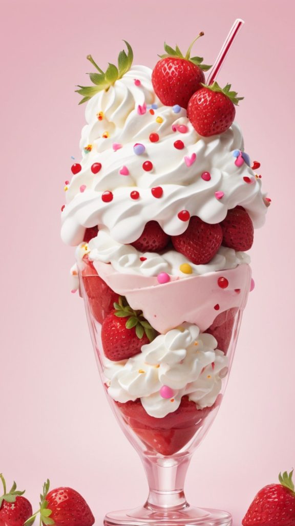 Kawii strawberry triffle cup with cream and strawberries with pink background Kawii Strawberry Wallpaper