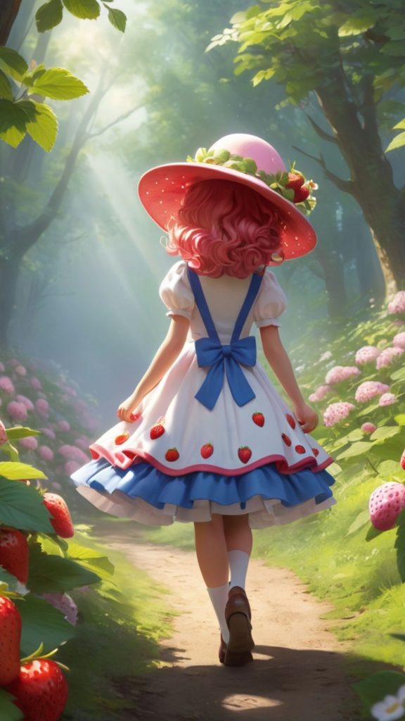 Little and cute sweet strawberry shortcake wearing frock with strawberries standing in jungle strawberry shortcake cartoon wallpaper