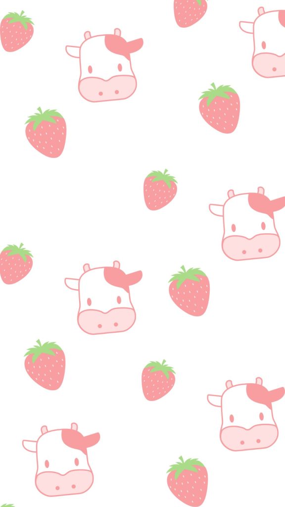 Pastel peach strawberry cow with strawberries and white background cute strawberry cow wallpaper