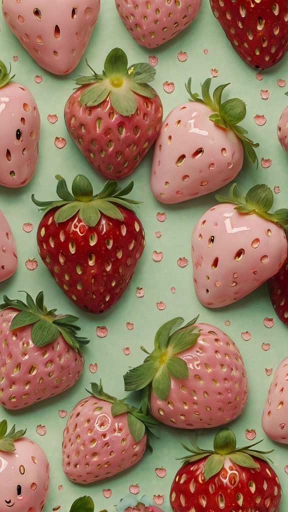 Pastel pink and red strawberries with sea green background Kawaii Strawberry Wallpaper