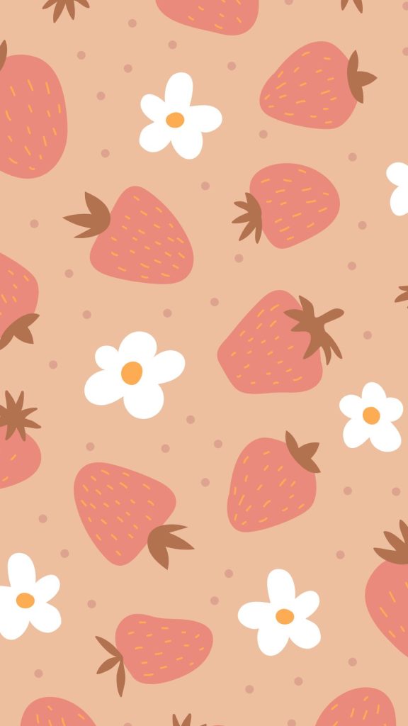 Pastel pink strawberries with pink background and polka dot and flowers strawberry phone wallpaper