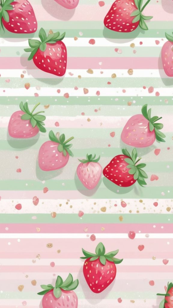 Pastel shades background with strawberries and decorations Kawaii Strawberry Wallpaper