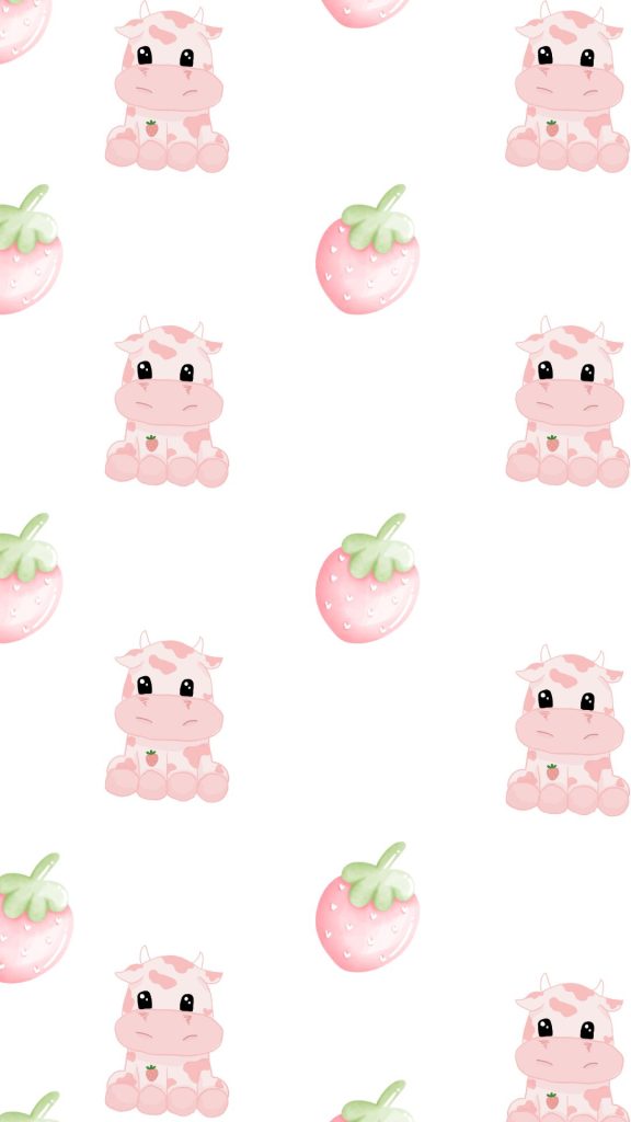 Peachy pink strawberry cows with peachy pink strawberries cute strawberry cow wallpaper