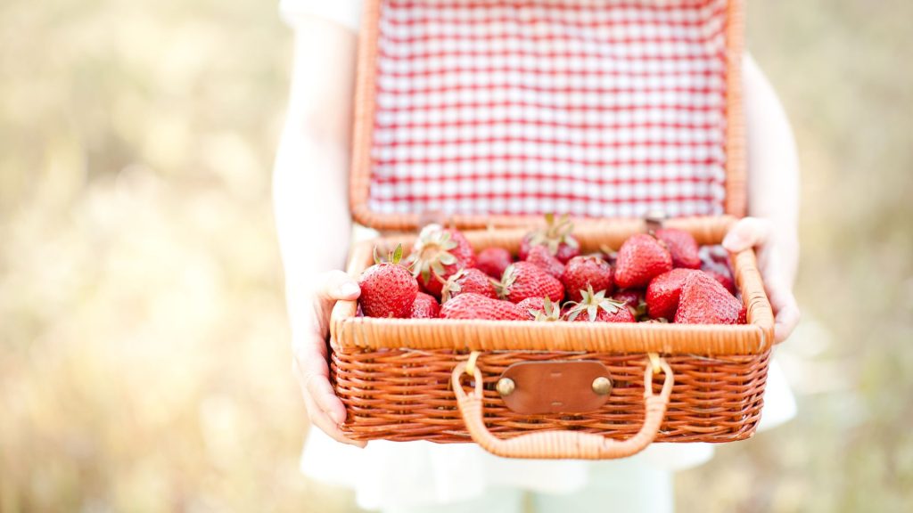 Picnic basket filled with strawberries_strawberry wallpaper for laptop
