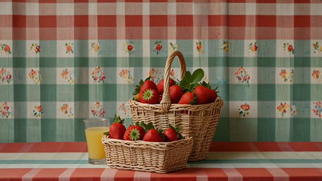 Picnic themed strawberry baskets with check background Strawberry desktop wallpapers