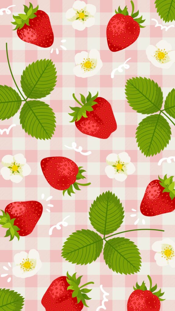 Pink Green and Red Cute Illustrated Strawberry Phone Wallpaper