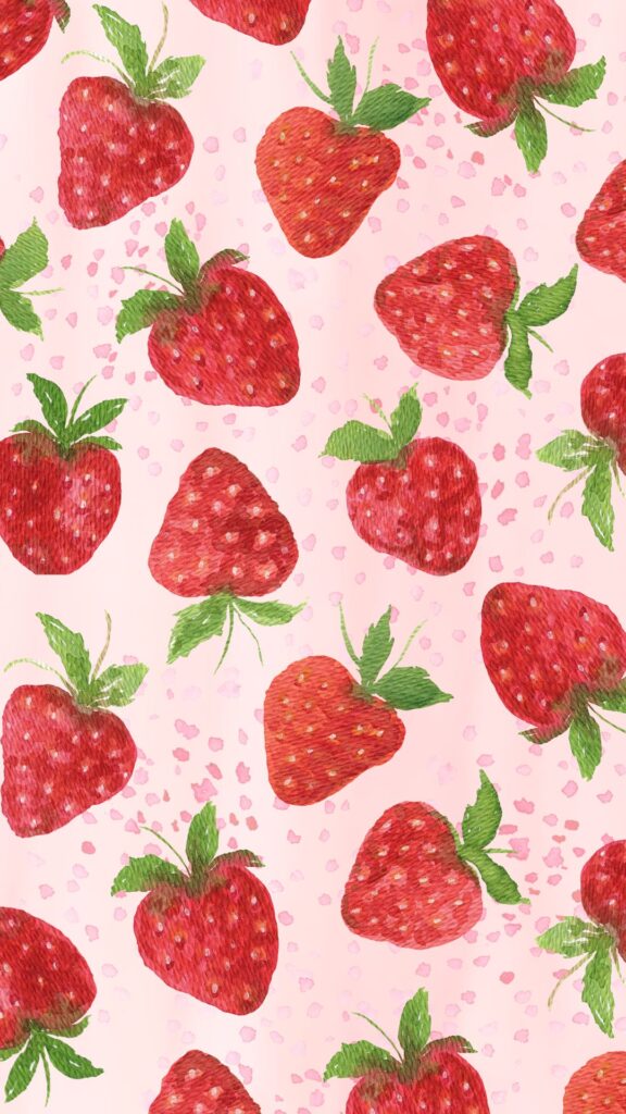 Pink and Red Watercolor Strawberries Pattern Phone Wallpaper