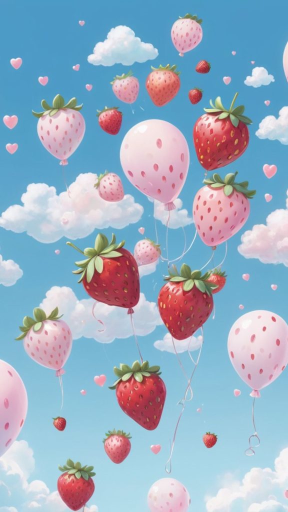 Pink and red strawberry balloon with clouds and sky background with hearts Kawaii Strawberry Wallpaper