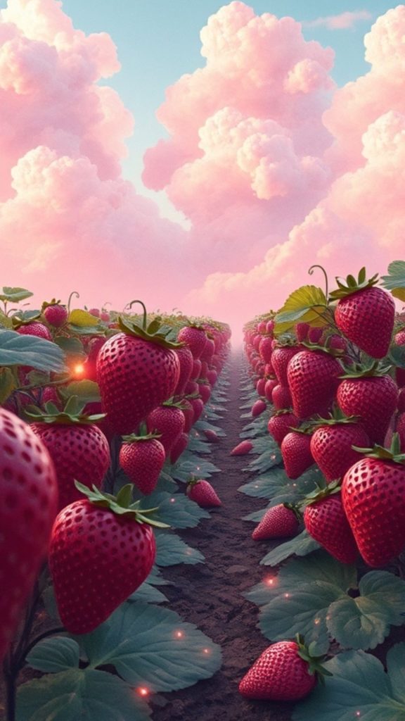 Pink strawberries at pink themed farm_strawberry field wallpaper