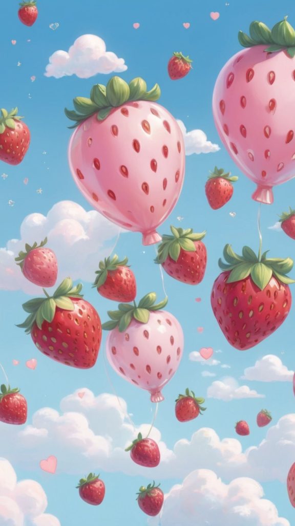 Pink strawberry balloon in sky with clouds Kawaii Strawberry Wallpaper