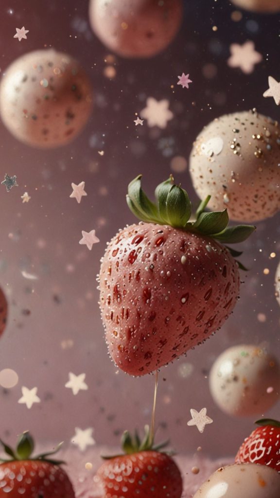 Pink strawberry with cream ball and kawii decorations Kawaii Strawberry Wallpaper