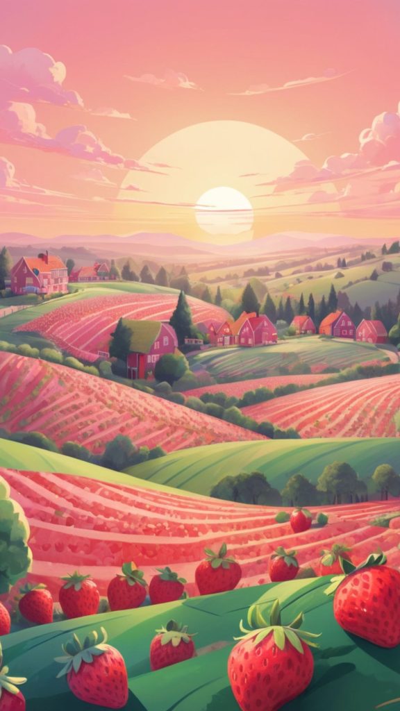 Pink themed strawberry farm_strawberry field wallpaper