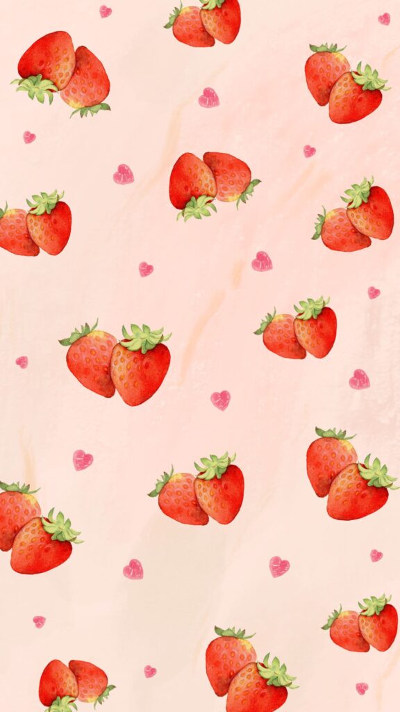 Red and Pink Watercolor Strawberry Heart Pattern Phone Wallpaper