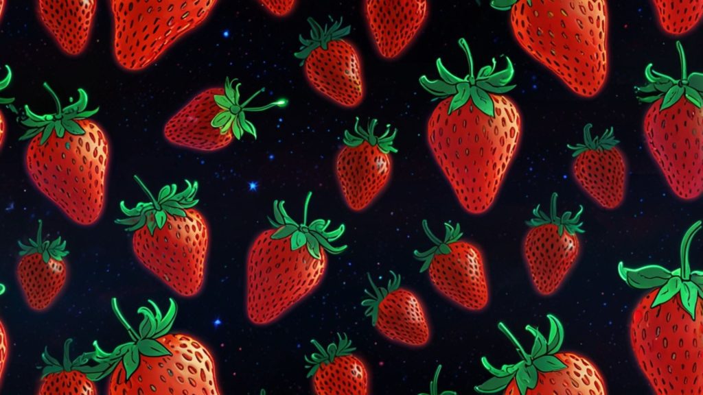 Red cute strawberries with black galaxy sky Strawberry desktop wallpapers