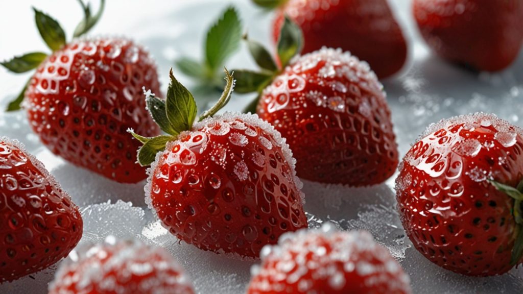 Red froze strawberries with icy background strawberry desktop wallpaper