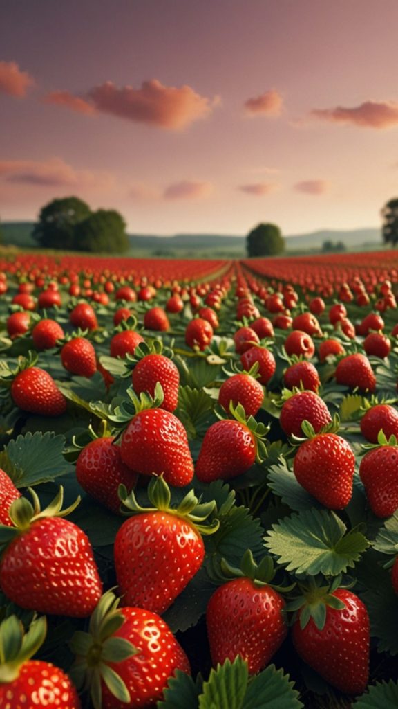 Red strawberries farm with pink sky_strawberry field wallpaper
