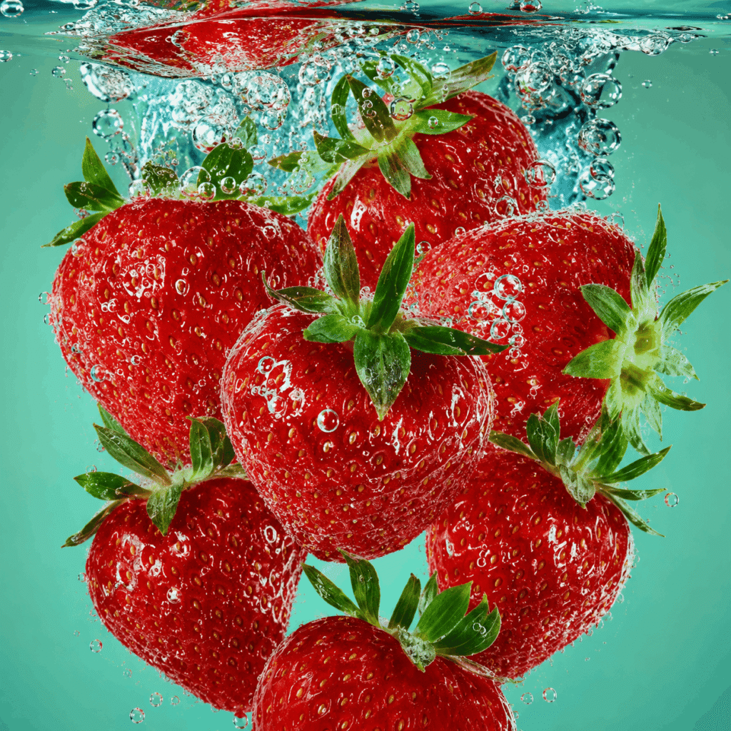 Red strawberries in aqua water bubbles