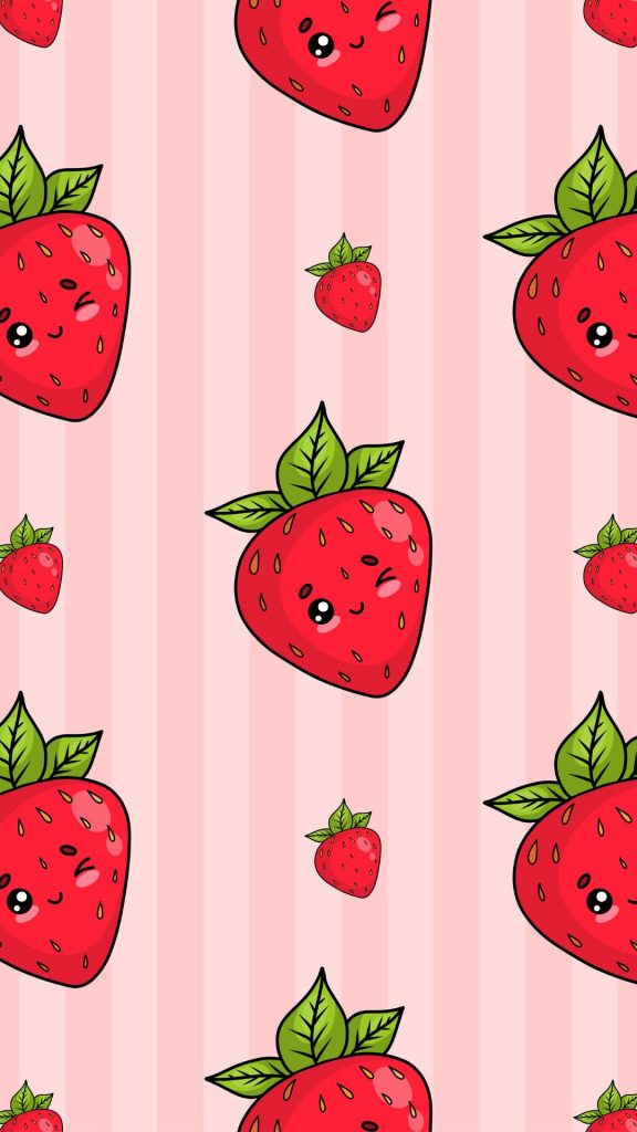 Red strawberries on pink lined background Kawaii Strawberry Wallpaper