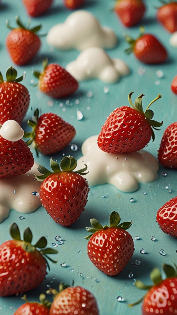 Red strawberries with clouds and sky background Kawaii Strawberry Wallpaper