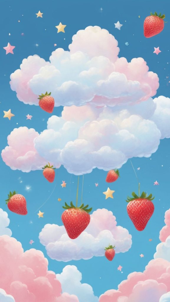 Red strawberries with clouds and stars in sky Kawaii Strawberry Wallpaper
